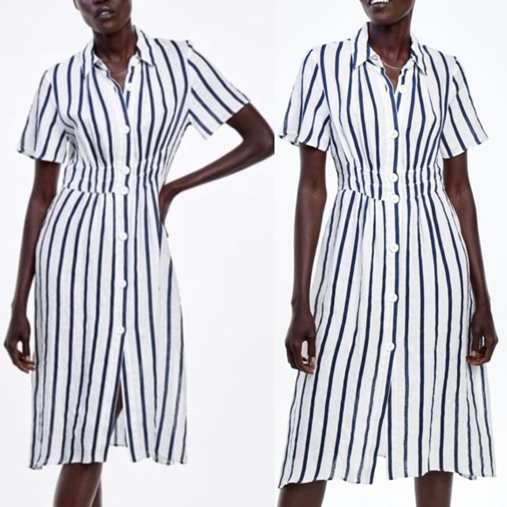 Zara White and Navy Striped Midi Dress